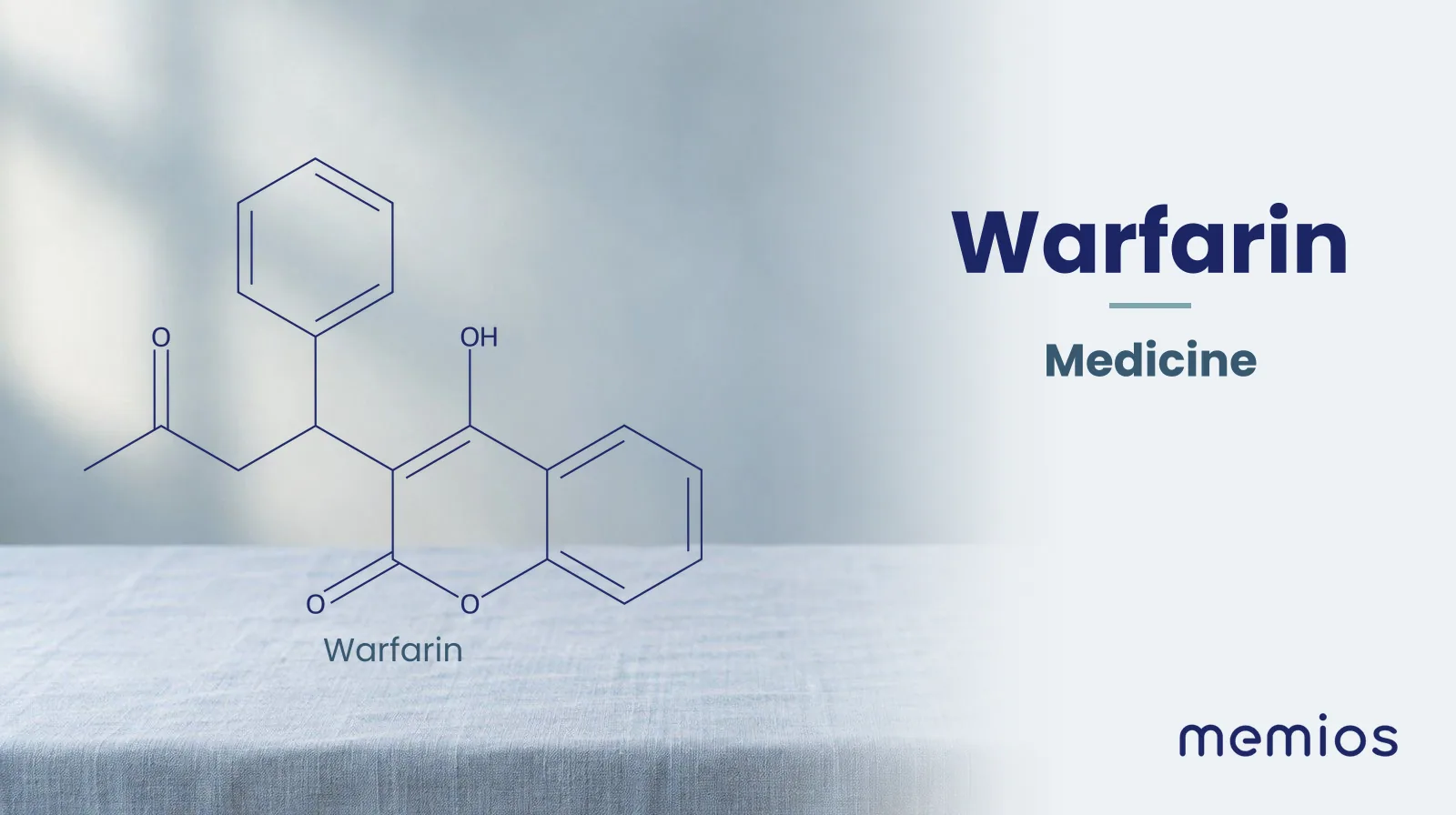 Chemical structure of Warfarin, drawn in navy on pale linen.