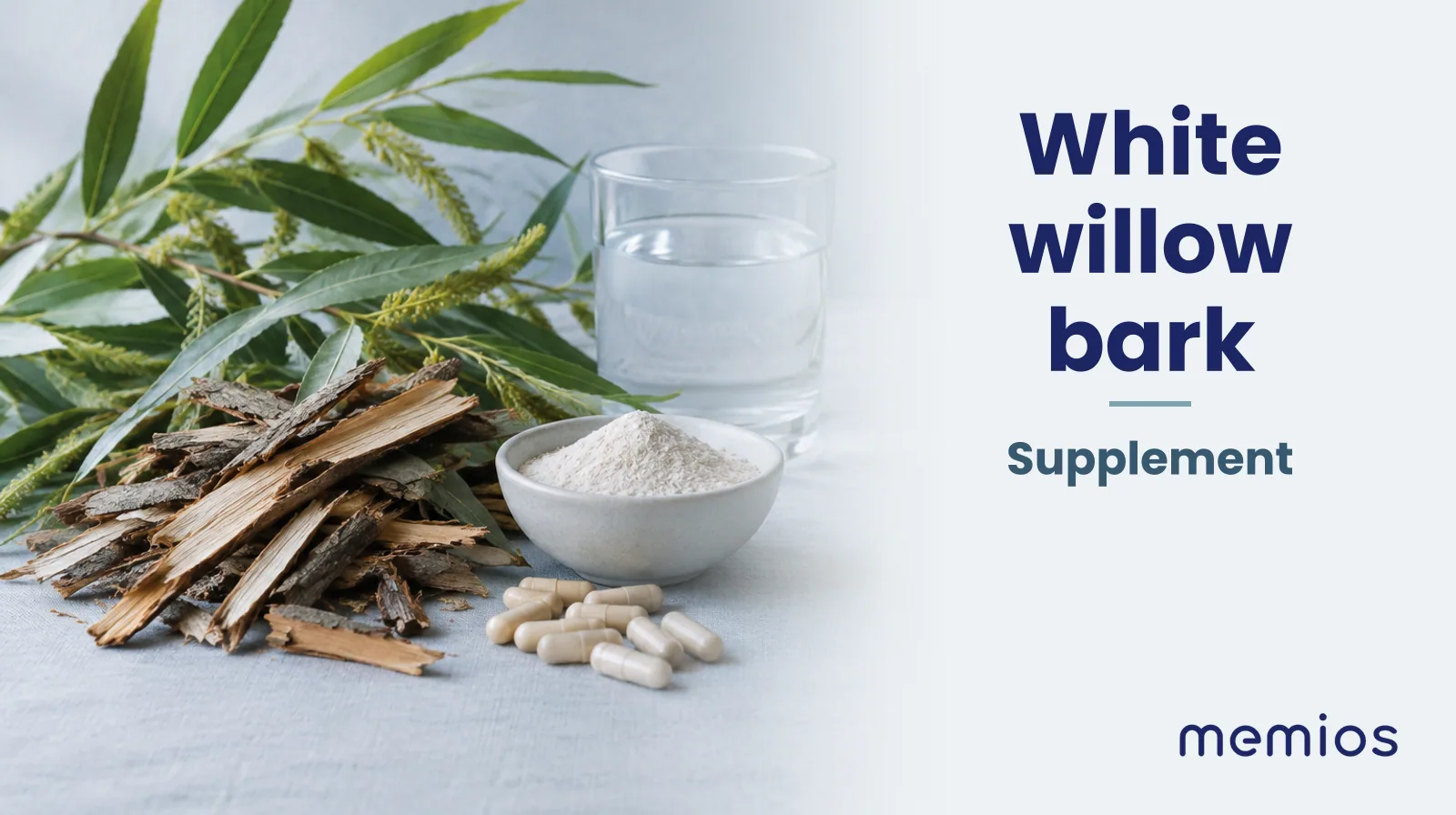 Photograph for White willow bark: its natural source and a bowl of powder or capsules on pale linen.