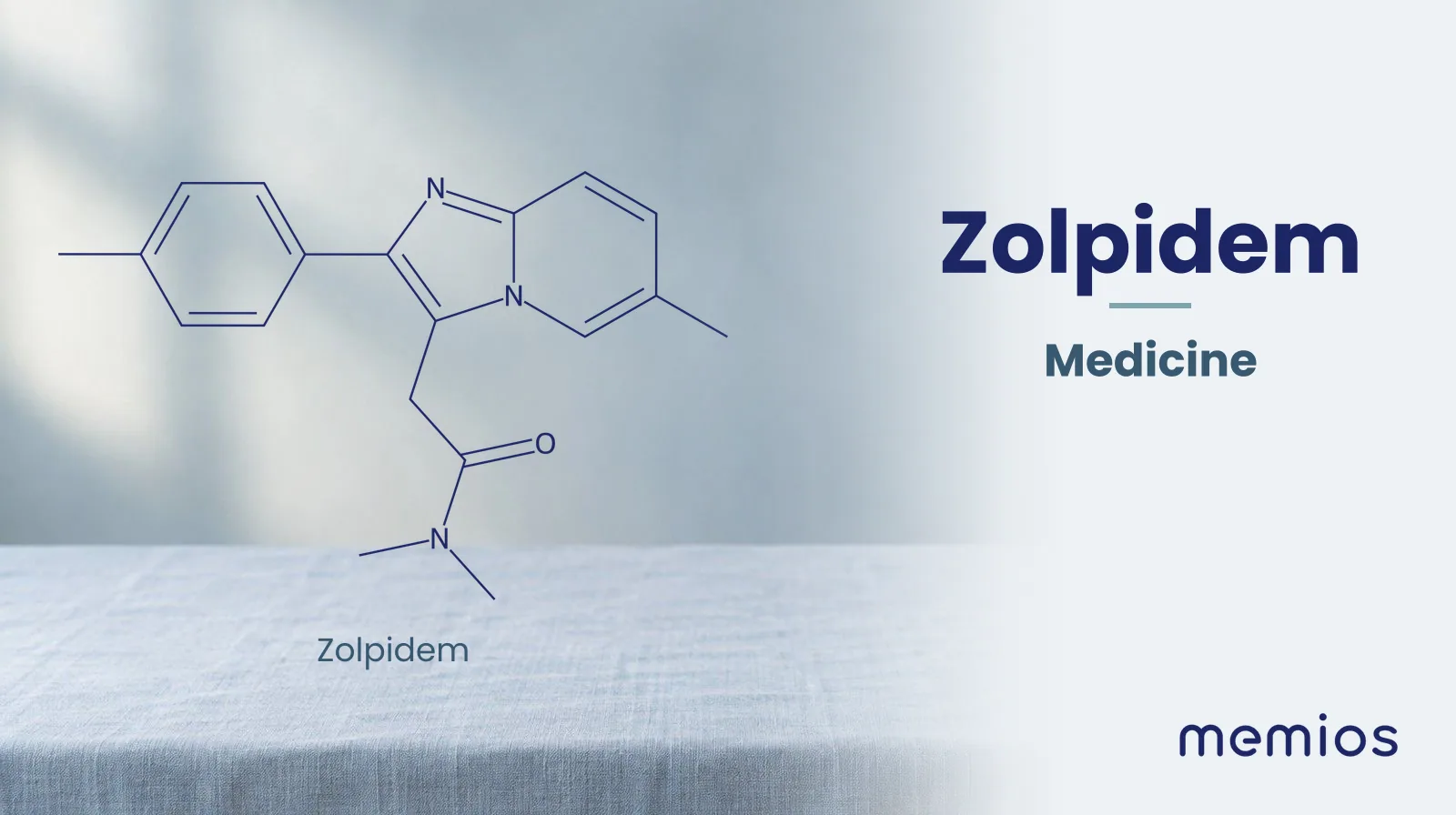 Chemical structure of Zolpidem, drawn in navy on pale linen.