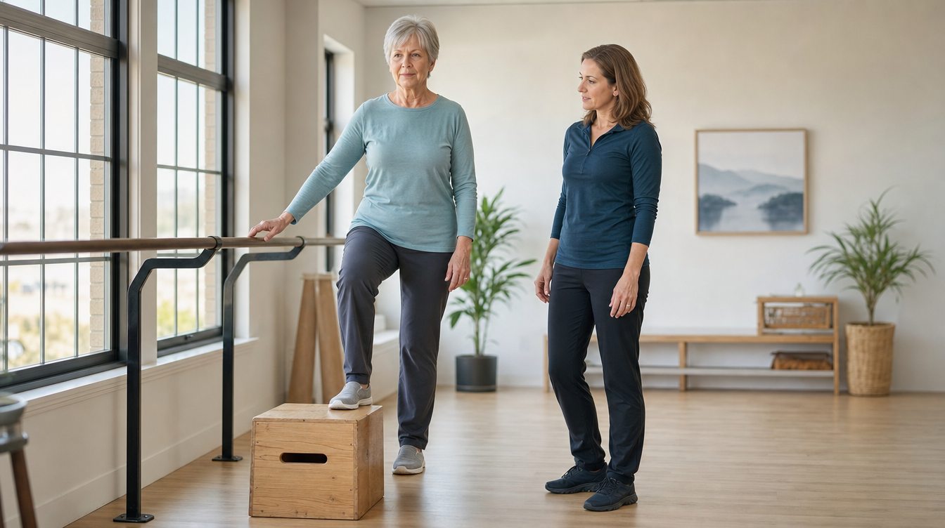 A woman working through a step-up with an exercise specialist alongside her